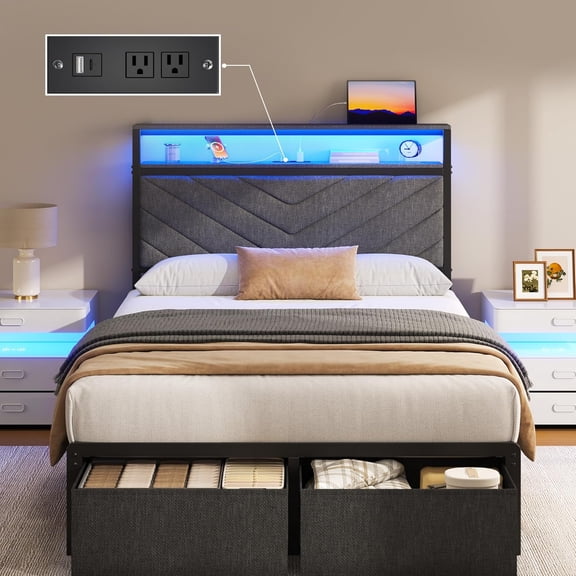 Twin Bed Frame with Storage Drawers, Upholstered Headboard with Charging Station, LED Lights, Fabric Drawers with Wheels, Under Bed Storage, No Box Spring Needed, Easy Assembly, Grey