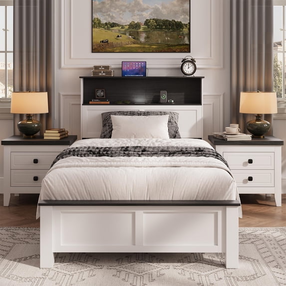 Twin Bed Frame with Storage Headboard and Charging Station, LED Twin Platform Bed with Sturdy Metal Frame, No Box Spring Needed, Easy Assembly, Black and White