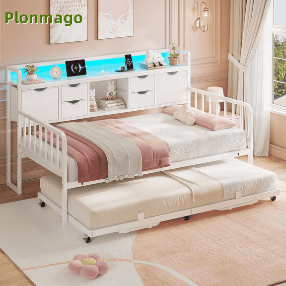 Plonmago Twin Bed Frame with Storage Headboard,Daybed with Charging Station,Metal Twin Bed Frame Sofa Bed for Living Room Guest Room Bedroom Furniture, No Box Spring Needed, White
