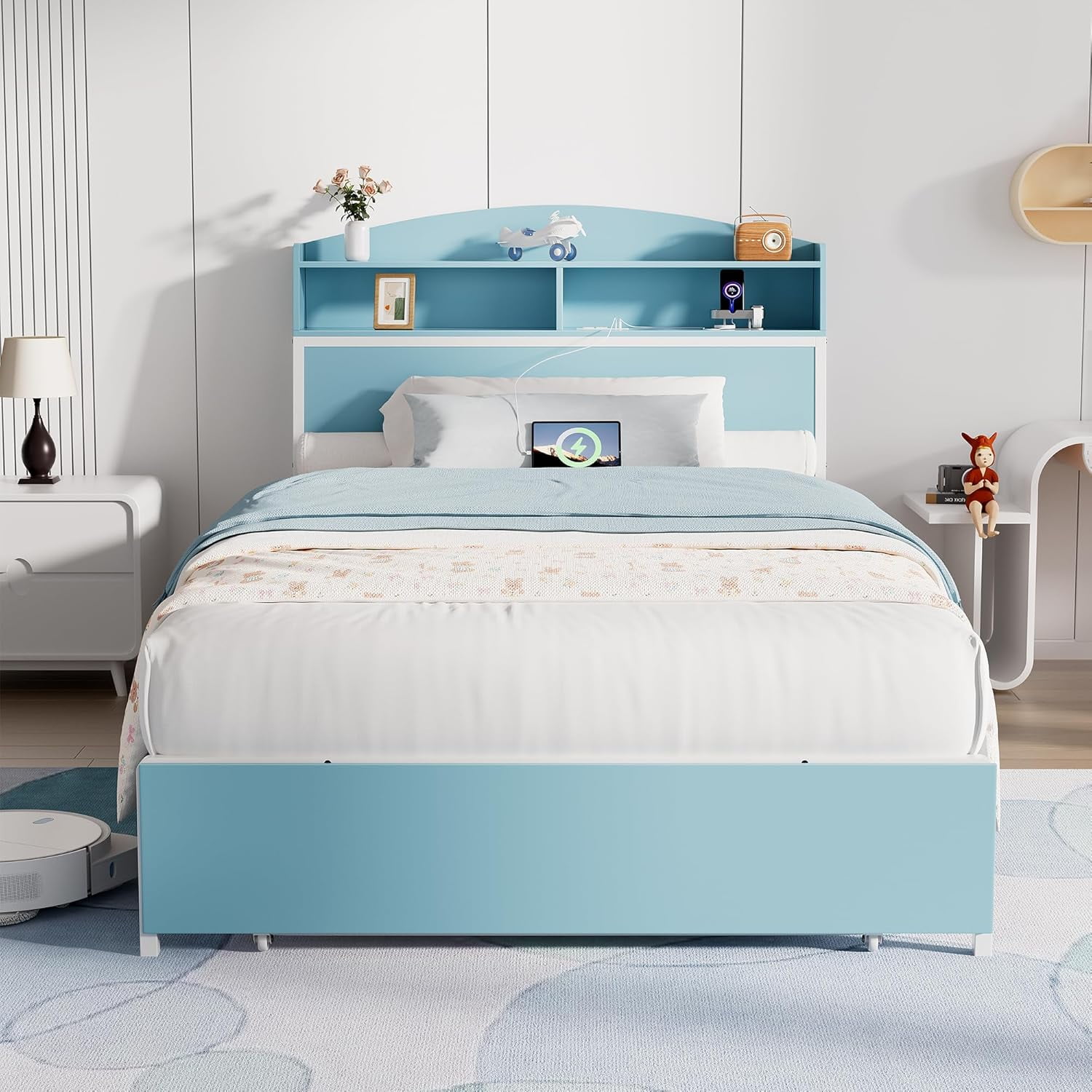 Twin Bed Frame with Storage Headboard & Drawer, 3-in-1 Charging Station, Sturdy Metal Frame, No Box Spring Needed, Noise-Free, Non-Slip Design –(Blue & White)