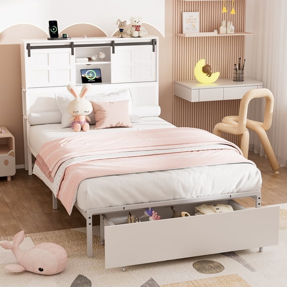 Twin Bed Frame with Storage Headboard & Drawer, 3-in-1 Charging Station, Sturdy Metal Frame, No Box Spring Needed, Noise-Free, Non-Slip Design –(White)