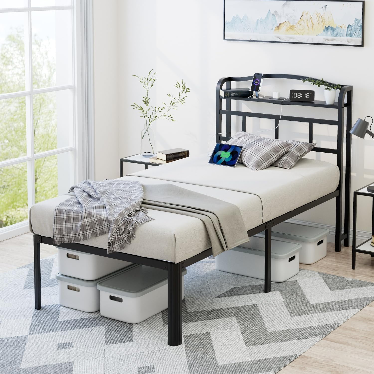 Twin Bed Frame Storage Headboard with Charging Station, Easy Assembly