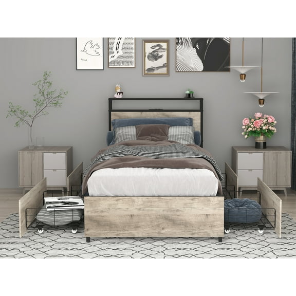 Twin Bed Frame, Storage Headboard with Charging Station, Solid and Stable, Noise Free, No Box Spring Needed, Easy Assembly
