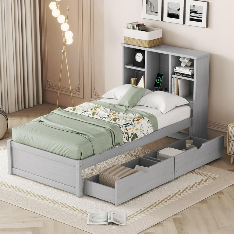 Twin bed with storage drawers frame bookcase headboard platform contemporary discount