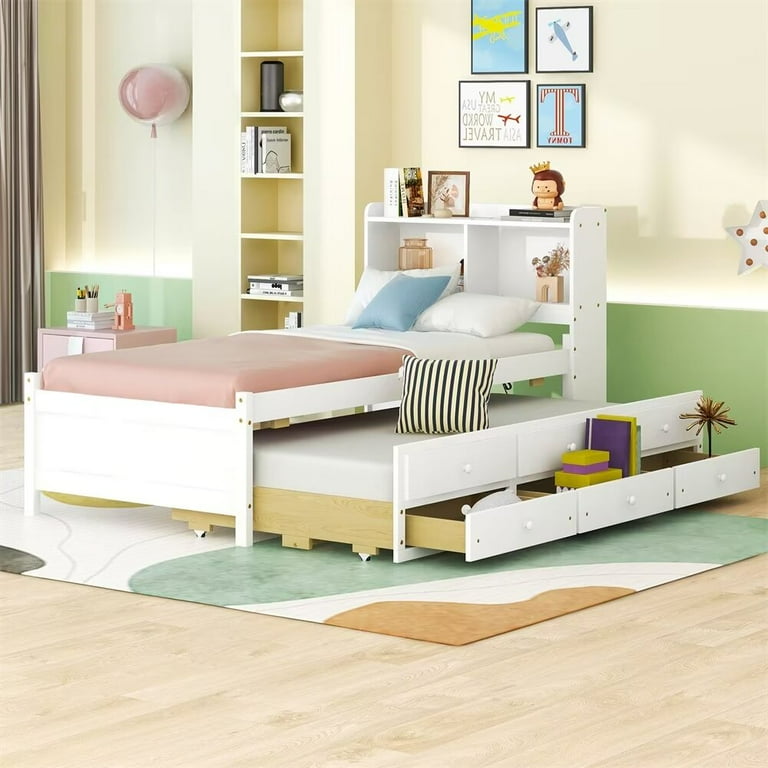 Twin Bed Frame with Trundle and 3 Storage Drawers Wooden Platform Bed with Bookcase Headboard LED Light Built in USB and Type C Port for Kids Teens Adults Bedroom No Box Spring Needed White