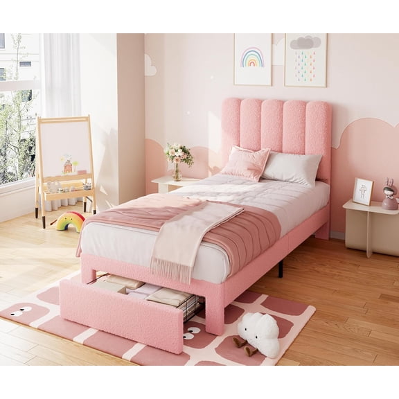 Twin Bed Frame with Under-Bed Drawer, Upholstered Platform Bed with Wave Headboard - Wooden Slats, No Box Spring Needed Teen, Light Pink