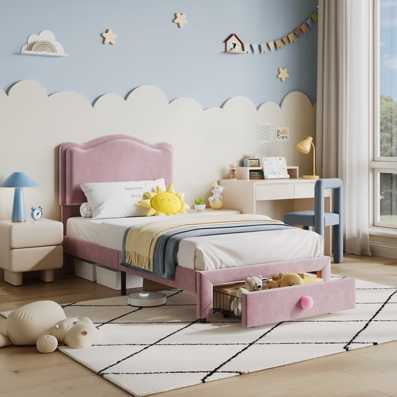 Twin Bed Frame with Under-Bed Drawer, Velvet Upholstered Platform Bed with Wave Headboard, Wooden Slats Support, No Box Spring Needed, for Boys and Girls, Pink