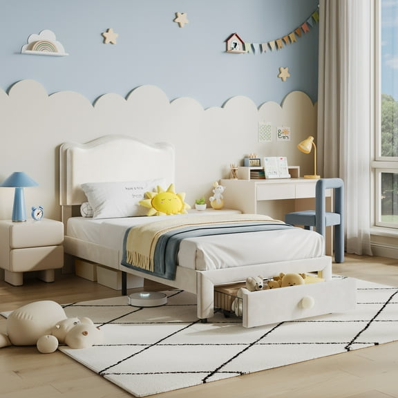 Twin Bed Frame with Under-Bed Drawer, Velvet Upholstered Platform Bed with Wave Headboard, Wooden Slats Support, No Box Spring Needed, for Boys and Girls, White