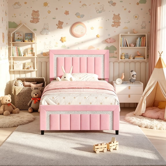 4 EVER WINNER Twin Bed Frame, Velvet Upholstered Bed Frame with Diamond Headboard and Footboard, Pink Bed Frame Twin Size , Princess Bed, Pink