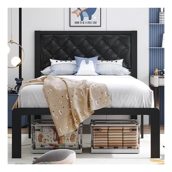 Twin Bed Frame with Upholstered Button Tufted Headboard, Bed Frame Platform Metal Slats Support, Under Bed Storage, No Box Spring Needed, Noise-Free, Easy Assembly, Black