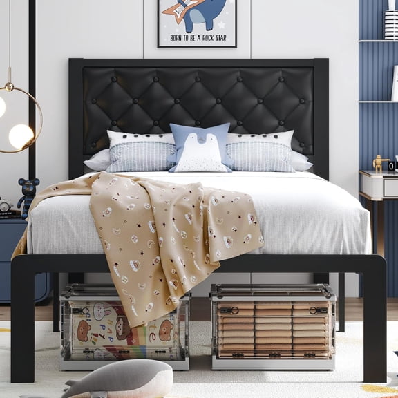 Twin Bed Frame with Upholstered Button Tufted Headboard, Bed Frame Platform Metal Slats Support, Under Bed Storage, No Box Spring Needed, Noise-Free, Easy Assembly, Black