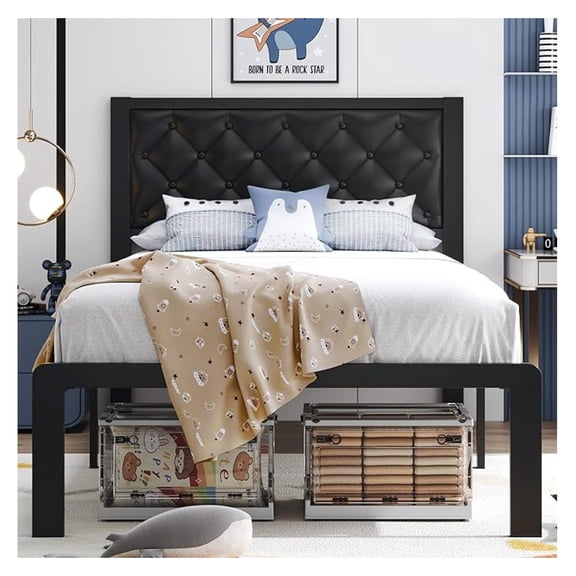 Twin Bed Frame with Upholstered Button Tufted Headboard, Bed Frame Platform Metal Slats Support, Under Bed Storage, No Box Spring Needed, Noise-Free, Easy Assembly, Black