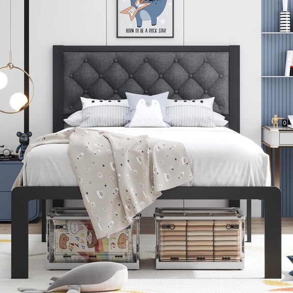 Twin Bed Frame with Upholstered Button Tufted Headboard, Bed Frame Platform Metal Slats Support, Under Bed Storage, No Box Spring Needed, Noise-Free, Easy Assembly, Grey
