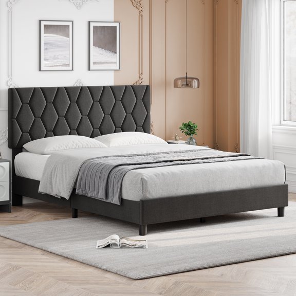 Twin Bed Frame Upholstered Platform Bed Frame with Fabric Headboard, Ornate Diamond Bed Frame with Non-Slip and Solid Wood Slats Support, Noise Free, Easy Assembly, Grey