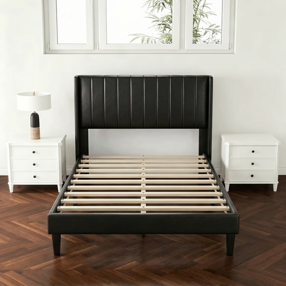 Twin Bed Frame, Upholstered Twin Size Platform Bed Frame with Headboard, Wood Slats Support, No Box Spring Needed, Noise Free, Black