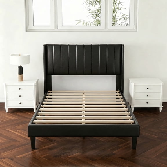 Twin Bed Frame, Upholstered Twin Size Platform Bed Frame with Headboard, Wood Slats Support, No Box Spring Needed, Noise Free, Black
