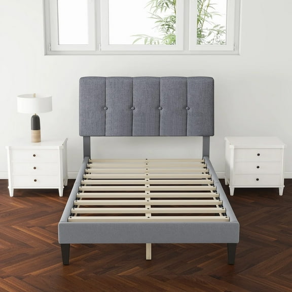 Twin Bed Frame, Upholstered Twin Size Platform Bed Frame with Headboard, Wood Slats Support, No Box Spring Needed, Noise Free, Grey