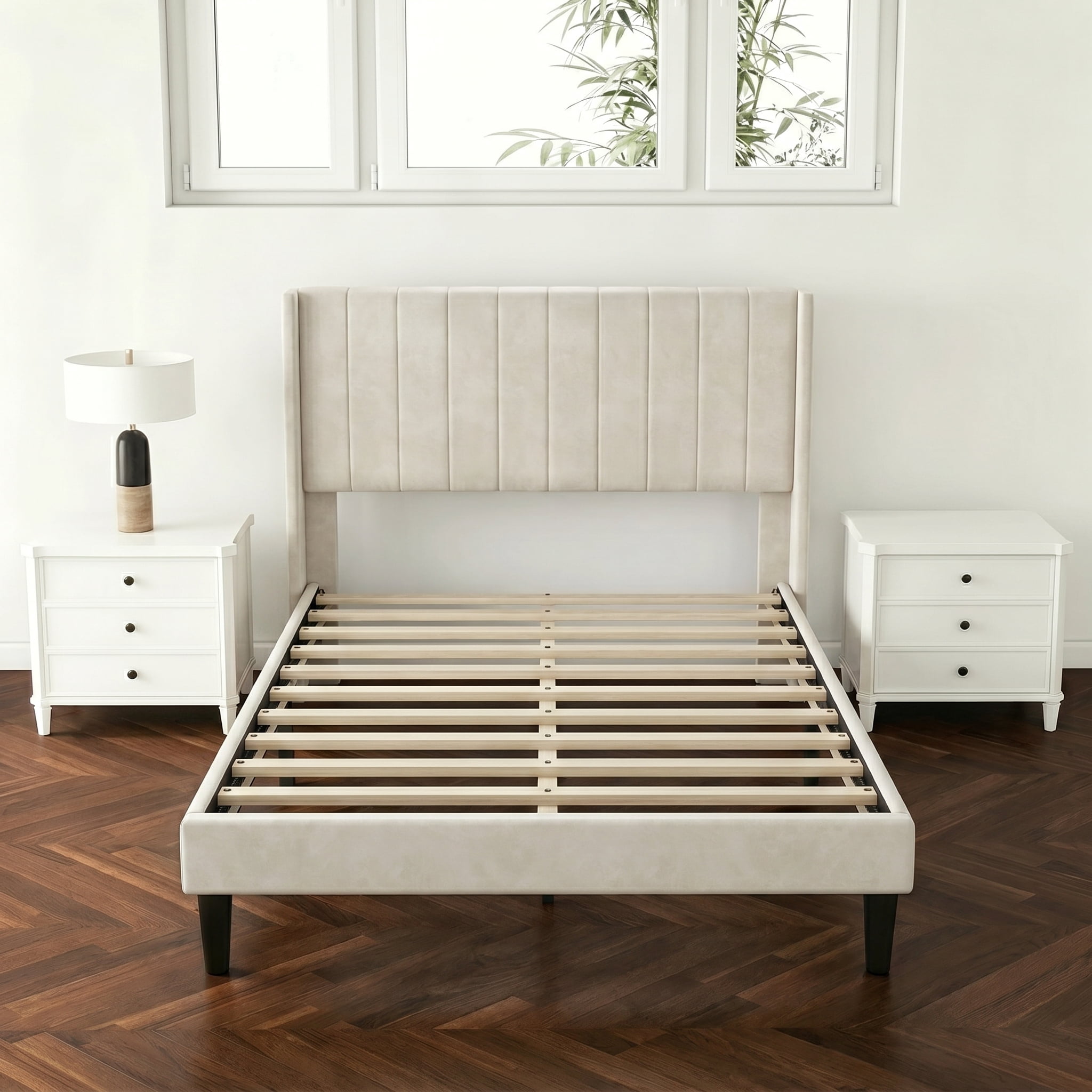 Twin Bed Frame, Upholstered Twin Size Platform Bed Frame with Headboard, Wood Slats Support, No Box Spring Needed, Noise Free, Grey