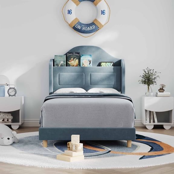 Twin Bed Frame, Upholstered Velvet Cute Platform Bed for Boys/Girls with Wingback, Storage Bookcase Headboard & LED Lights, No Box Spring Needed, Noise-Free, Easy Assembly