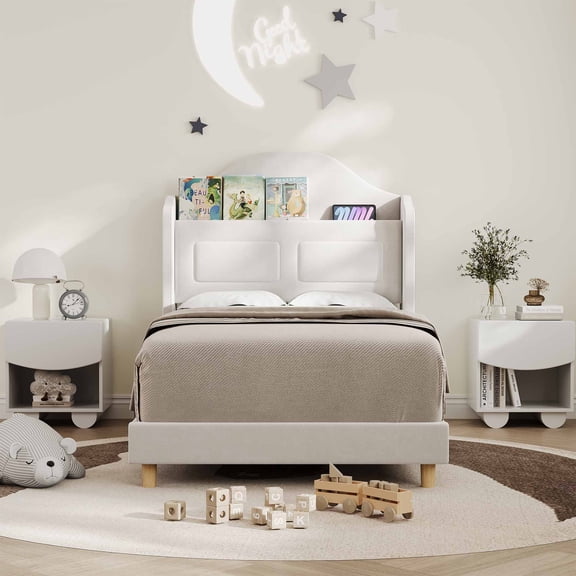 Twin Bed Frame, Upholstered Velvet Cute Platform Bed for Boys/Girls with Wingback, Storage Bookcase Headboard & LED Lights, No Box Spring Needed, Noise-Free, Easy Assembly