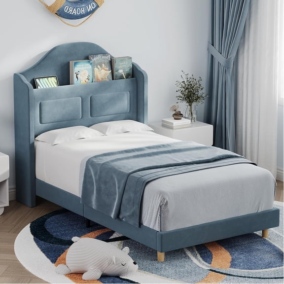 Twin Bed Frame Upholstered Velvet Platform Bed for / with Wingback, Storage Bookcase Headboard & LED Lights, No Box Spring Needed, Noise-Free, Easy Assembly, Blue