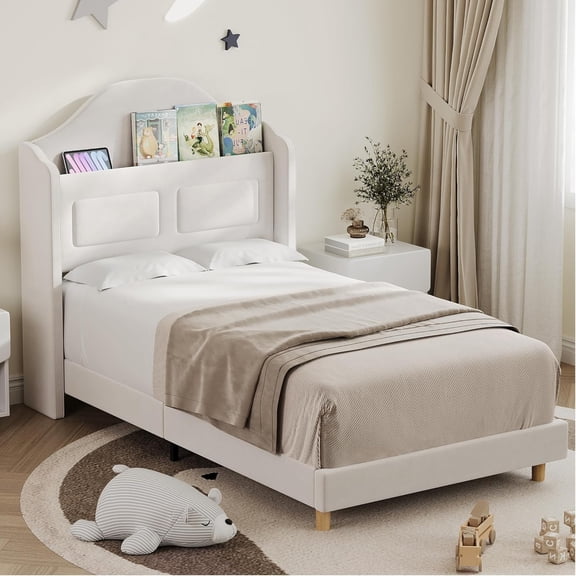 Twin Bed Frame Upholstered Velvet Princess Platform Bed for / with Wingback, Bookcase Headboard & LED Lights, No Box Spring Needed, Noise-Free, Easy Assembly, Beige