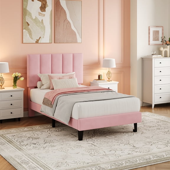 GOGRANT Velvet Upholstered Platform Bed Frame with Adjustable Headboard, Twin