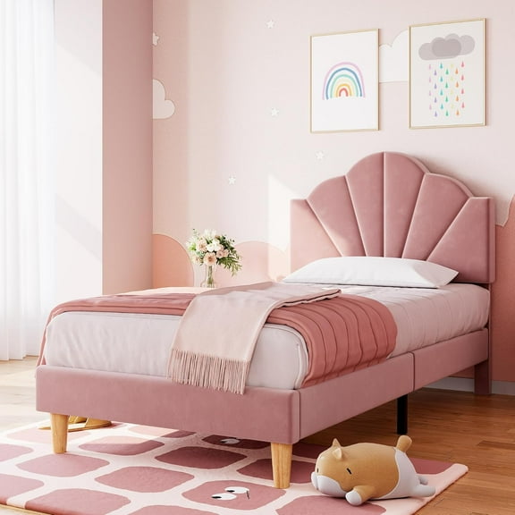 Twin Bed Frame, Velvet Upholstered Platform Bed Frame with Height Adjustable Headboard for Boys & Girls, Wood Slat Support, Easy to Assemble, No Box Spring Needed, Light Pink