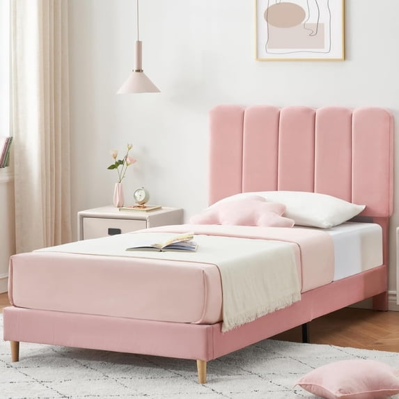 Twin Bed Frame, Velvet Upholstered Platform Bed Frame with Headboard, Strong Wooden Slats, Noise-Free,No Box Spring Needed, Easy Assembly (Pink)