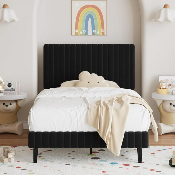 Twin Bed Frame, Velvet Upholstered Platform Bed with Vertical Channel Tufted Headboard and Footboard, No Box Spring Required, Easy Assembly, Black