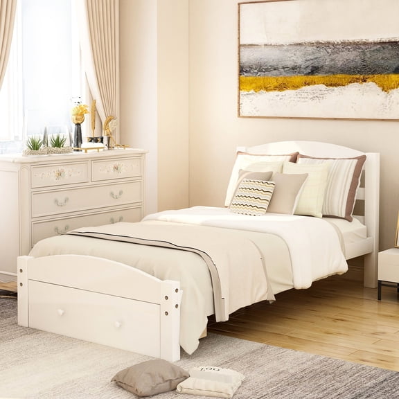 Twin Bed Frame With Storage And Wood Slat Assembly - White, No Box Spring White Platform Dependable Arrangement,
