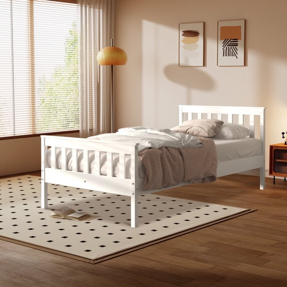 Twin Bed Frame with headboard, Wood Platform Bed Frame with Wood Slat Support, Modern Platform Bed for Teens, Boys, Girls, No Box Spring Needed, White