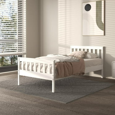 Twin Bed Frame with headboard, Wood Platform Bed Frame with Wood Slat Support, Modern Platform Bed for Teens, Boys, Girls, No Box Spring Needed, White