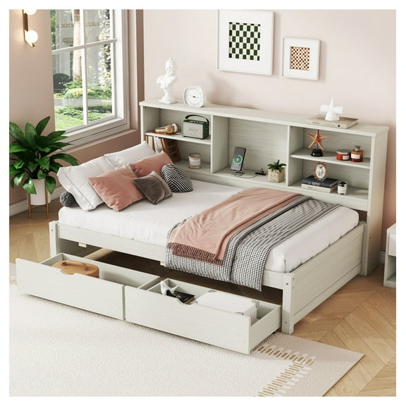 Twin Bed Frame w/ Bookshelves, 2 Drawers & USB, Creamy White, No Box Spring