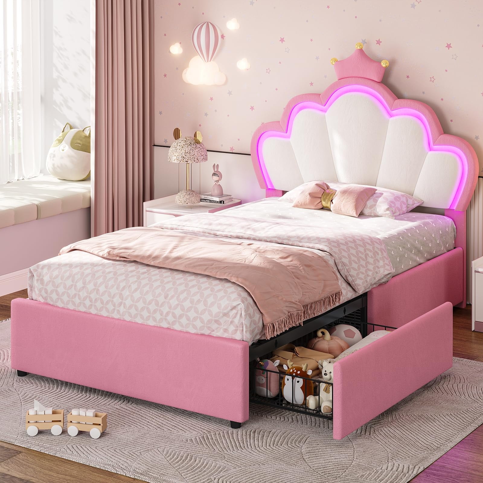Twin Bed Frame with 4 Drawers, LED Lights Headboard,Twin Girl Bed Princess Velvet Upholstered Platform Bed,Heavy Steel Slats Support, Pink
