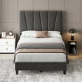 thumbnail image 1 of Twin Bed Frame with Adjustable Headboard and Sturdy Slat Support, Upholstered in Grey Linen, 1 of 6