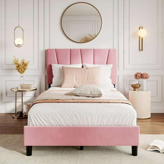 Twin Bed Frame with Adjustable Headboard and Sturdy Slat Support, Upholstered in Pink Linen