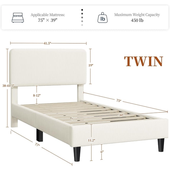 Twin Bed Frame with Adjustable Headboard