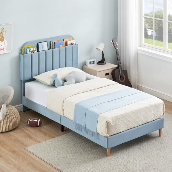 Twin Bed Frame with Bookcase Headboard - Upholstered Velvet Platform Bed, 890LB Capacity, Noise-Free, Heavy-Duty Steel Legs, Easy Assembly