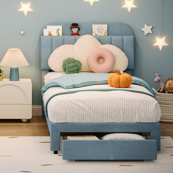 Twin Bed Frame with Bookcase Headboard, Velvet Upholstered Platform Bed Frame with Under-Bed Drawer, No Box Spring Needed/Noise-Free