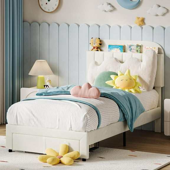 Twin Bed Frame with Bookcase Headboard, Velvet Upholstered Platform Bed Frame with Under-Bed Drawer, No Box Spring Needed