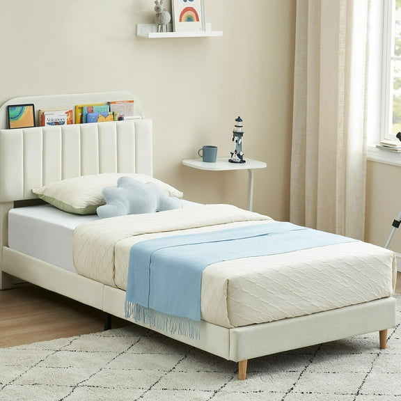 Twin Bed Frame with Bookcase Headboard | Velvet Upholstered Platform Bed, Heavy-Duty Steel Frame | Easy Assembly, Noise-Free Design, Ivory White