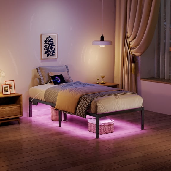 WANTAI Twin Bed Frame with Charging Station & LED Lights - 14 inch Heavy Duty Metal Platform Bed Frame, Easy Assembly, No Noise