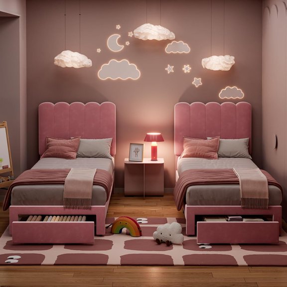 Twin Bed Frame with Drawer - Upholstered Platform Bed with Headboard, Wooden Slats, No Box Spring Needed