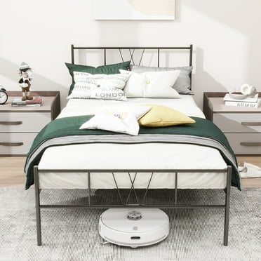 Smiaoer Twin Size Modern Metal Standard Bed with Footboard, Black