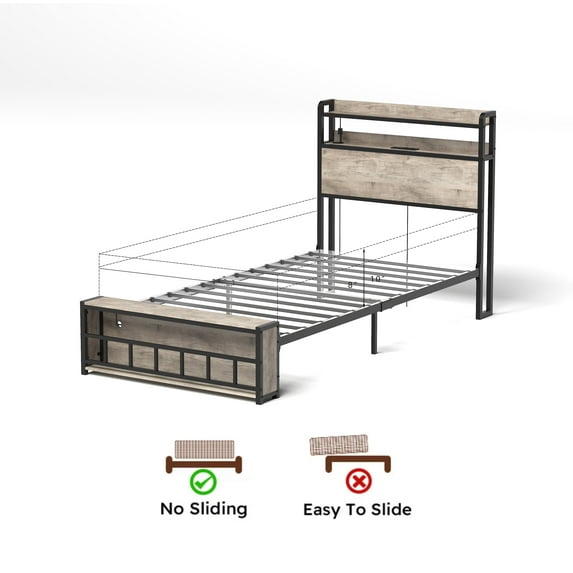 Twin Bed Frame with Headboard - RGB LED Light & Charging Station, Solid, Noise-Free, No Box Spring Needed, Easy Assembly