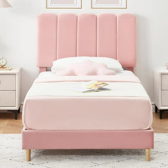 Twin Bed Frame with Headboard, Velvet Upholstered Twin Platform Bed Frame for Girls, Strong Wooden Slats Support, Noise-Free, Easy Assembly (Pink)