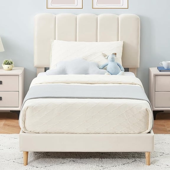 Twin Bed Frame with Headboard, Velvet Upholstered Twin Platform Bed Frame for Teen, Strong Wooden Slats Support, Noise-Free, Easy Assembly (Beige)