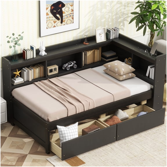 Twin Bed Frame with L-Shaped Bookcase Headboard, USB Charging Station, and Storage Drawers in Espresso