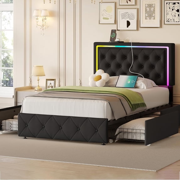 Twin Bed Frame with LED Headboard & Storage Drawers, Upholstered Platform Bed with 4 Drawers, Charging Station, No Box Spring Needed, Black